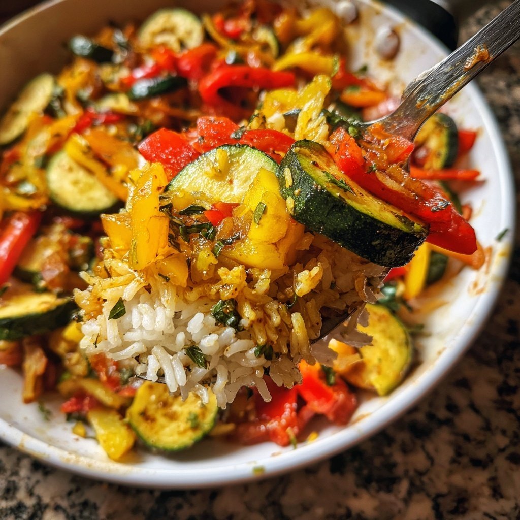 Mittagessen mit Gemüsepfanne und Reis