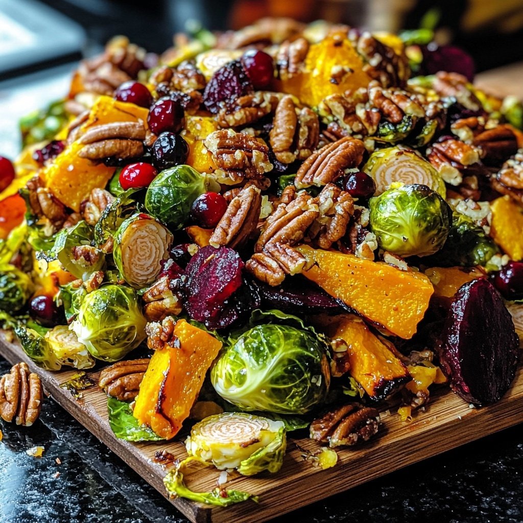 Wintersalat mit Butternutkürbis, Rosenkohl, Cranberries, Pekannüssen und Roter Bete
